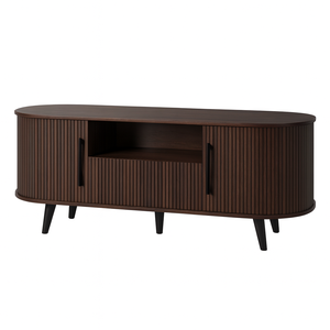Modern Mid Century Farmhouse Eco-Friendly <strong>Walnut</strong> Finish Fluted <strong>TV</strong> Cabinet <strong>Stand</strong> Storage Wood Legs Doors Living Home Furniture - Product Image 4