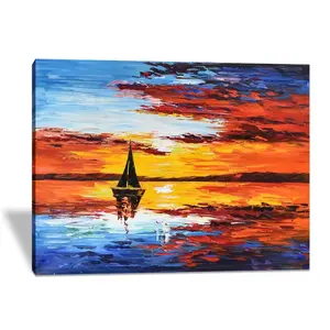 Coltello colorato pittura astratta tramonto barca a vela opera d'arte a colori moderni pittura a olio con cornice interna pronta per essere appesa