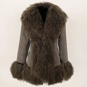 Nuovo Design: Cappotto in <span class=keywords><strong>Pelle</strong></span> e Pelliccia Personalizzato, Giacche Invernali in <span class=keywords><strong>Pelle</strong></span> Scamosciata per Donne con Collo e Polsini in Pelliccia Mongola - Product Image 1