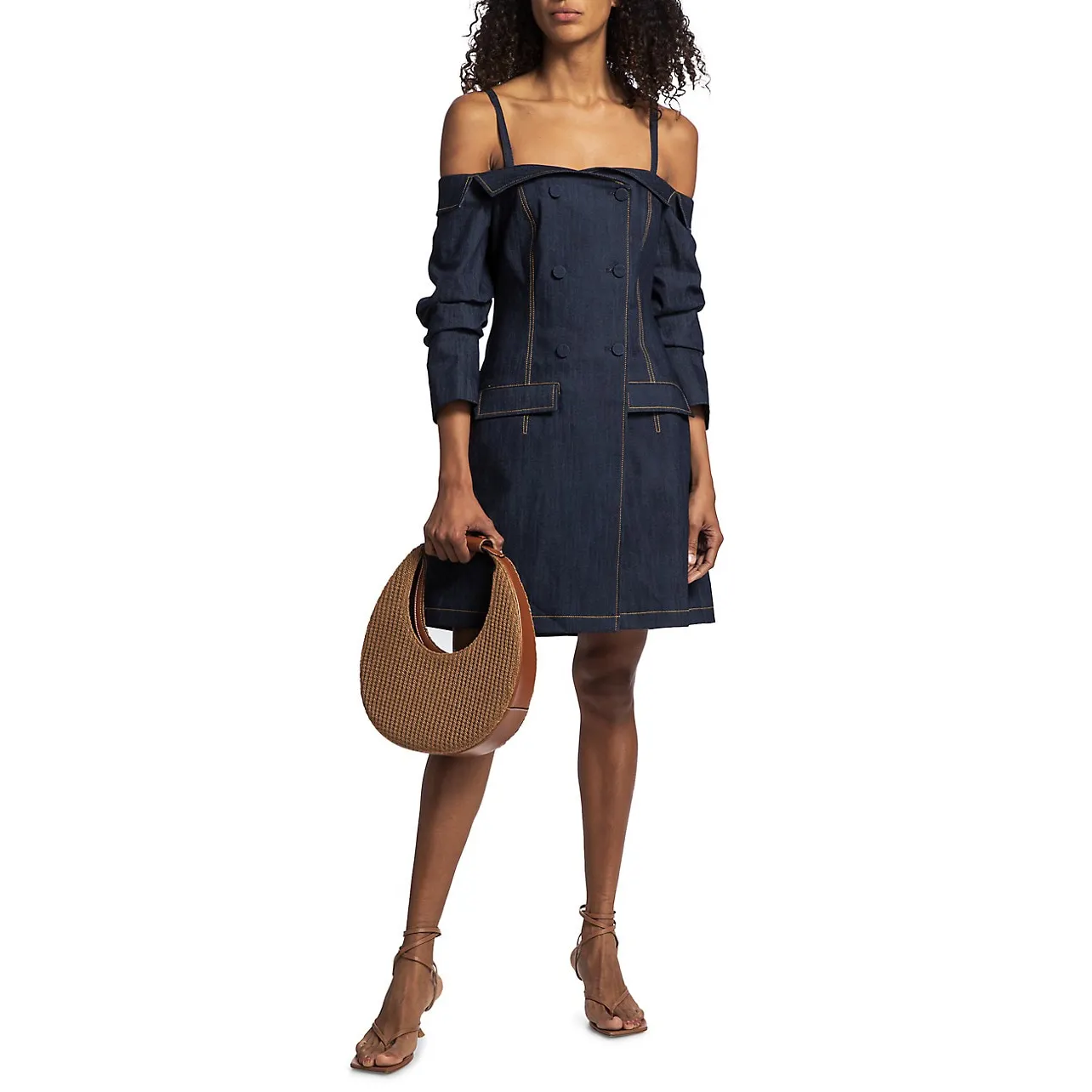 Fashion Women Custom Fitted Straight Off The Shoulder Casual Dresses Solid Navy Ruched Cozy Denim Streetwear Dresses For Women