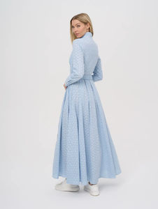 Vendita calda abito da donna in pizzo blu chiaro <span class=keywords><strong>Maxi</strong></span> abito con <span class=keywords><strong>colletto</strong></span> a bottone e <span class=keywords><strong>camicia</strong></span> con cintura in vita elegante abito lungo Casual con dettagli ritagliati - Product Image 2