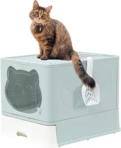 带盖子的可折叠猫砂盒大型封闭式小猫便盆防溅猫马桶顶部或前入口顶部出口抽屉