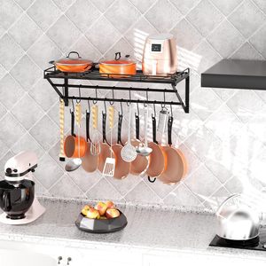Portapentole e padelle da cucina in metallo da parete con ripiani sospesi - Product Image 1