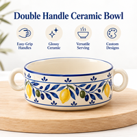 Bol à soupe en céramique à double poignée Citron Olive, peint à la main, en porcelaine, pour céréales et petit-déjeuner, personnalisable OEM ODM, vente en gros