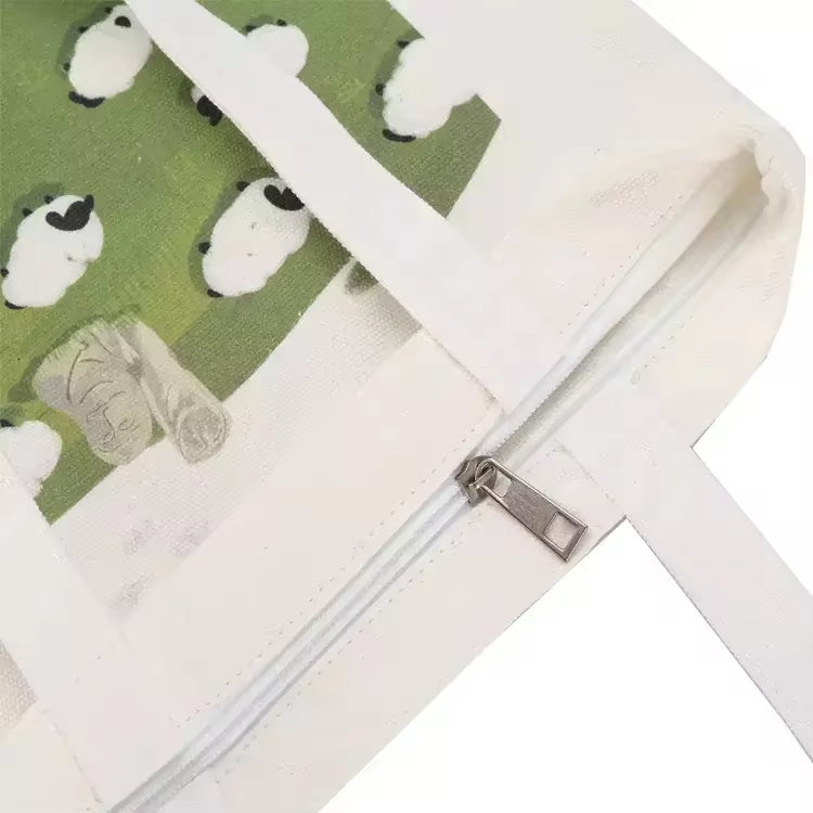 Wholesale Eco-Friendly Canvas Tote Bags Cartoon Printed & Reusable Plain Shopping Bags with Zipper