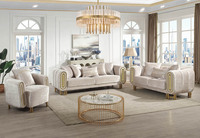 Canapé de salon moderne de luxe, durable, à coins carrés, rembourré en mousse, en tissu confortable, avec structure en acier inoxydable doré – Offre Spéciale