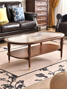 Mesa de Centro Ovalada Estilo Americano Vintage - Acabado en Nogal con Tapa de Vidrio Acanalado, Patas con Remaches Dorados, Estructura de Madera Sólida para Sala de Estar - Product Image 6