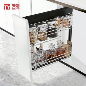 Organisateur de placard de cuisine moderne à 2 niveaux, à montage latéral, avec panier coulissant en fil d'acier chromé pour épices et assaisonnements - Product Image 1