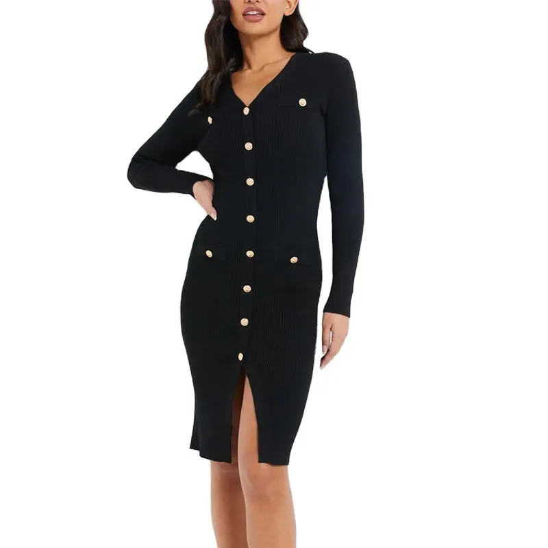 Women Black Long Sleeve V Neck Button Up Patch Pocket Knitted Button Bodycon Fit Ribbed Midi Dress