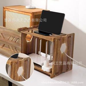 Wooden Desktop Storage <b>Box</b> Solid Wood Sliding Door Living Room Cabinet Top Organizer With Compartments For <b>Router</b> WiFi Speaker - Product Image 2
