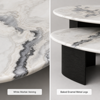 Ensemble de tables basses gigognes sur mesure de luxe, dessus ovales en marbre, base métallique, surface émaillée, dessin CAO, service VIP