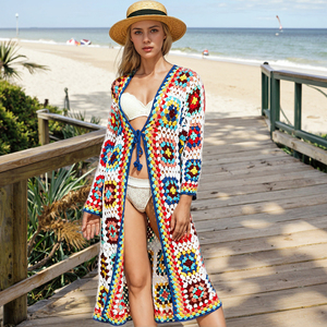 Boho Cardigan Hand Knitted Clothing Crochet <strong>Afghan</strong> <strong>Coat</strong> Long Patchwork Design Kaftan - Product Image 3