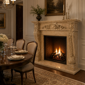 Cheminée traditionnelle en marbre avec sculptures ornées, en pierre beige crème classique, foyer intérieur à bois pour salle à manger - Product Image 6