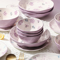 Ensemble de bols et d'assiettes en céramique de style rétro, luxe léger, adapté au micro-ondes, vente en gros, vaisselle violette, assiette à riz