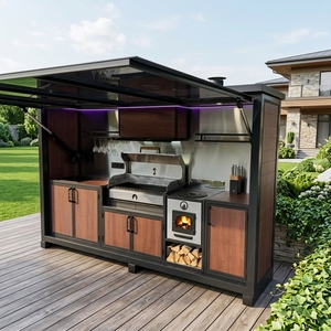Îlot de <span class=keywords><strong>cuisine</strong></span> extérieur modulaire en acier inoxydable 304 avec barbecue à gaz intégré, <span class=keywords><strong>évier</strong></span>, réfrigérateur, four à pizza et armoires de rangement - Product Image 1