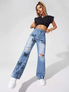Nouvelle Collection : Jeans Femme Extensible en Denim Délavé Imprimé Papillon, Coupe Ajustée et Taille Haute, Style Skinny, Vente en Gros - Product Image 3