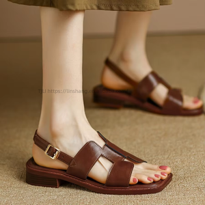 Factory Wholesale High Quality 's Brown Low Heels Casual Roman Sandals <b>Leather</b> <b>Pumps</b> for Shoes Women - Product Image 1