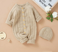 Ensemble barboteuse et bonnet en tricot côtelé pour nouveau-né, combinaison en tricot rose pour bébé fille avec bonnet assorti, vêtements pour bébé en coton doux