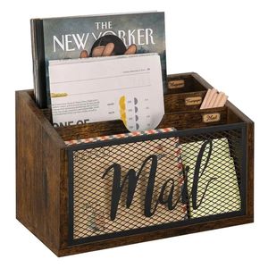 Wooden Iron Mail Storage <b>Box</b> With Dividers Open Top Desk Organizer Retro Brown Letter Holder <b>File</b> Organizer - Product Image 1