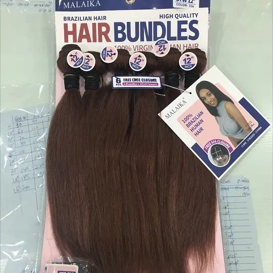 Paket Grosir Rambut Manusia Berkualitas Baik dengan Logo Paket Kotak Ekstensi Rambut dan Penutup Rambut Berwarna Campuran Lurus