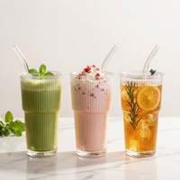 Gobelet en verre à rayures horizontales de haute qualité, avec couvercle et paille, pour café glacé, Americano, latte et autres boissons, usage domestique