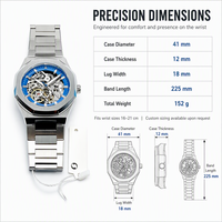 Montre automatique squelette octogonale, mouvement mécanique Seagull, cadran bleu ajouré, acier inoxydable, personnalisable, luxe, affaires
