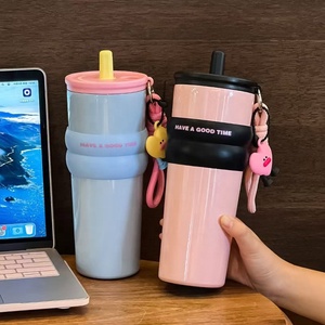 Cute Stainless Steel Tumbler 710ml Vacuum Insulated With Straw Travel Mug <b>Pink</b> Blue Design Have A Good Time Print - Product Image 1