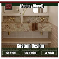 GOLDKING Meuble-lavabo mural de luxe moderne pour salle de bain principale, en marbre Monet Garden, avec double vasque, veinures beige, rose et vertes