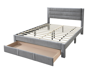 Luxury Modern Adjustable Soft <b>Bed</b> 1pc Full Size with Storage Drawer Gray Corduroy Headboard Bedroom Furniture - Product Image 2
