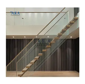 Modern Design Solid Wooden Tread Glass Staircase Wood Handrail Balustrade Indoor Wood Stairs