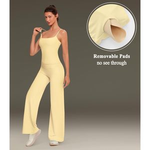 Workout Sets For Women Padded Tank Tops Matching Straight Leg Yoga Outfits <b>Spaghetti</b> Strap Square Neck Breathable 2 Piece Set - Product Image 4