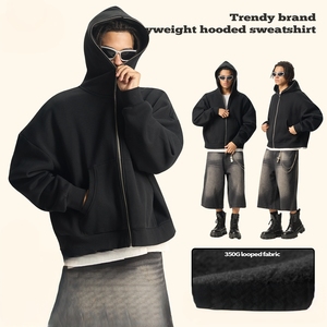 Chaqueta con Capucha de Felpa de 350 g/m², Estilo Punk, con Cremallera en la Parte Superior, Corte Cuadrado, Ancha, Estilo Hip Hop Oscuro - Product Image 2