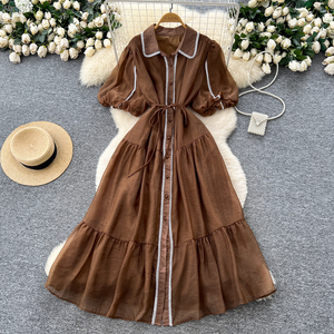 French Elegant Lapel Lantern Sleeve <strong>Dress</strong> Women's Tie-Waist Button-Down <strong>Ethereal</strong> Gown With Slim Design - Product Image 1