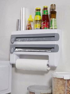 Moderno Soporte de Pared 4 en 1 para Rollo de Papel Film con Cortador, Estante de Almacenamiento de Plástico de 2 Niveles para Toallas de Cocina y Dispensador de Papel de Aluminio - Product Image 2