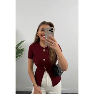 Blusa de Punto Asimétrica Elegante para Mujer con Accesorio Solar, Manga Corta, Ajuste Elástico, Estilo Diario - Product Image 2