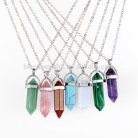 Collier pendentif en cristal de quartz naturel, pierre précieuse, forme de balle, pierres de guérison, bijoux, pointe turquoise, colonne hexagonale
