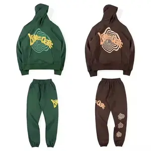Custom mens sweatpants and hoodie set puff printing logo craft 100% cotton French terry tracksuits
