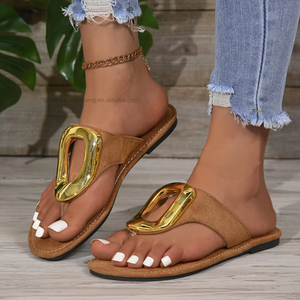Women's Plus Size Summer Beach Flat Sandals Open Toe Insole Flip-Flops With New Metal Buckle Fashion Trend <b>Slides</b> - Product Image 1