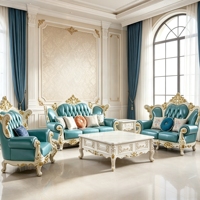 Ensemble de canapés en bois massif sculpté de style classique européen, cuir véritable turquoise, salon, villa, meubles de maison