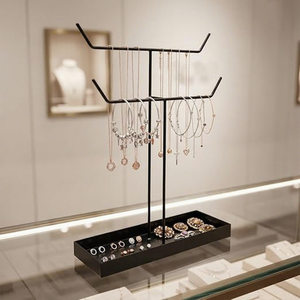 Modern <b>Rectangular</b> Jewelry Display Stand with Adjustable Hooks and Tray for Necklaces Bracelets <b>Watches</b> Rings - Product Image 3