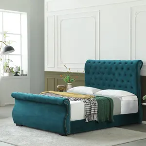 Cabecero enrollado y reposapiés, tapizado de terciopelo de tamaño completo, marco de cama inteligente de tela verde de lujo