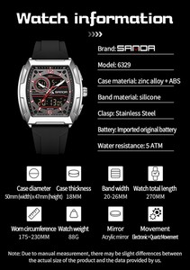 SANDA 6331 นาฬิกาข้อมือผู้ชายทรง Tonneau‑Shape Dual‑Display นาฬิกาข้อมือกันน้ำแบบนับถอยหลังอเนกประสงค์สำหรับการปีนเขาแบบสบายๆ - Product Image 2