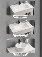 Meuble-lavabo mural moderne avec étagère ouverte, motif marbre, vasque à poser en céramique ronde, unité de lavabo flottant
