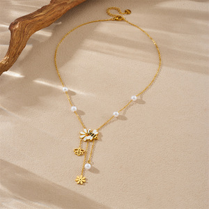 Cartoon Bee Flower Pearl Pendant Tassel Chain Necklace Fashion Jewelry Gift For Women Zinc Alloy N3547 - Product Image 3