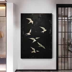 Pintura al óleo abstracta de golondrina voladora SQ sobre lienzo, pintura de pájaros, arte de pared grande en blanco y negro, decoración personalizada para el hogar y la sala de estar - Product Image 3