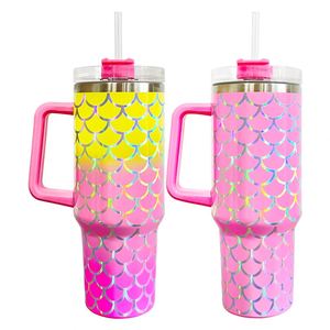 <b>40oz</b> Holographic Mermaid Scales Stainless Steel <b>Tumbler</b> <b>with</b> <b>Handle</b> and Straw - Product Image 5