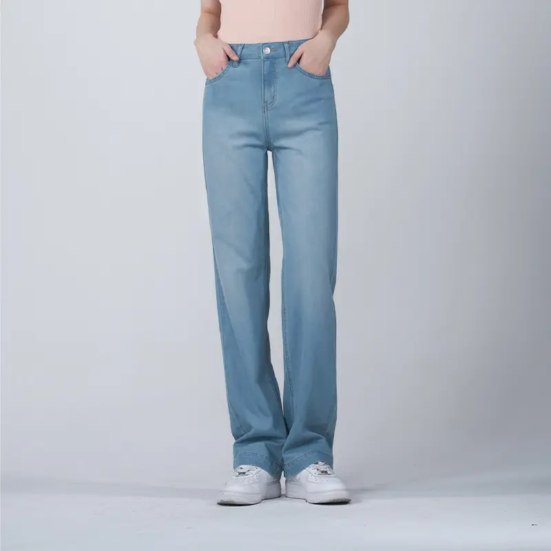 Celana Denim panjang wanita, celana jins Denim panjang, celana jins perca panel, celana Denim panjang, biru belahan pinggang tinggi, baru, musim gugur 2023