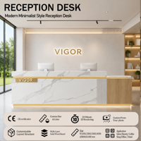 Bureau d'accueil moderne blanc crème avec bande lumineuse LED, comptoir de réception minimaliste à lattes de bois verticales pour bureau, salon ou clinique