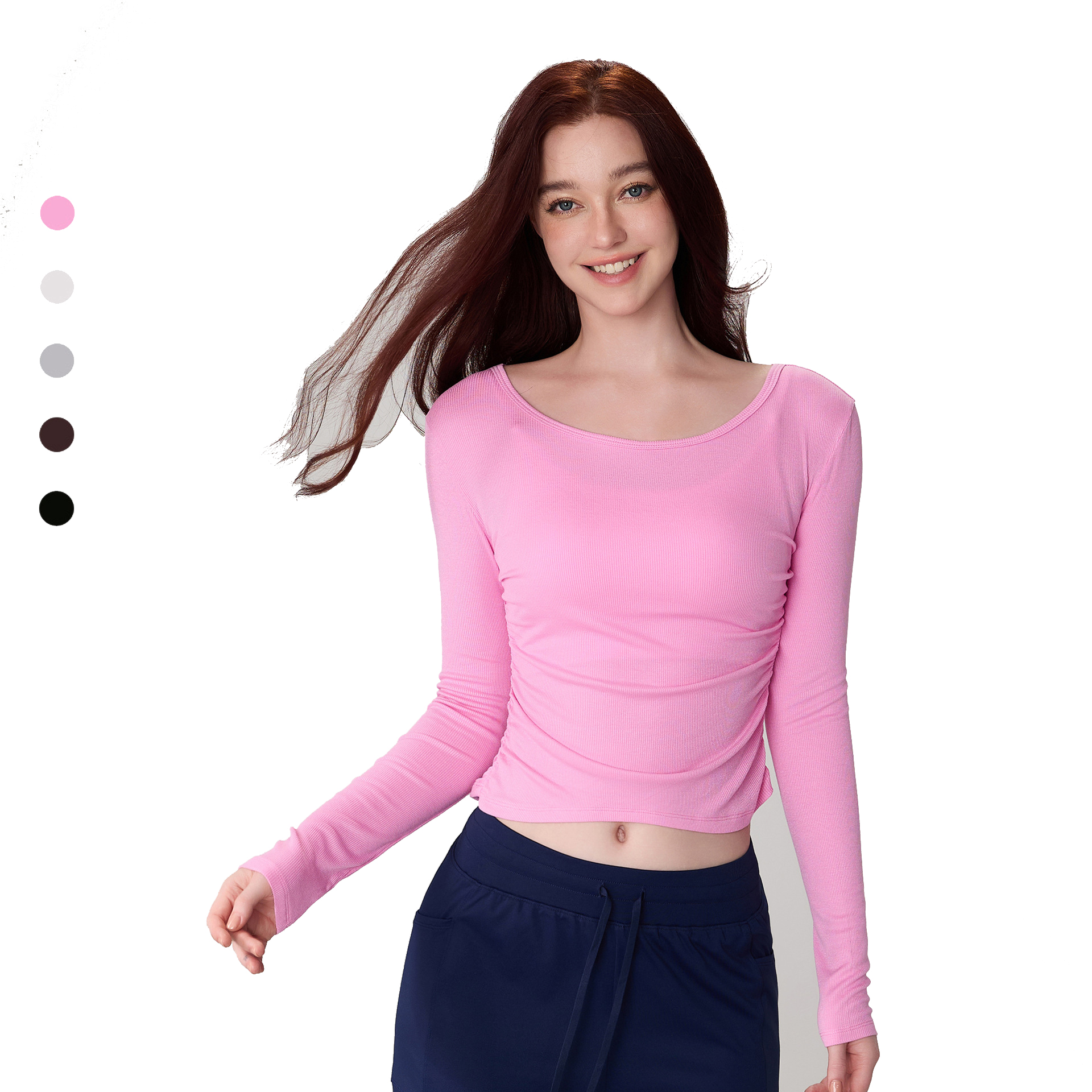 Custom Logo Autumn Winter Running Side Ruched Slim Fit Round Neck Compression Yoga Top Ribbed Long Sleeve Gym T Shirt Women