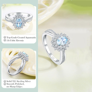 Anillo de aguamarina sintética de 1.1 quilates, plata de ley 925 maciza, corte ovalado, halo de circonita cúbica 5A, anillo de compromiso y boda, joyería de piedras preciosas para mujer - Product Image 3